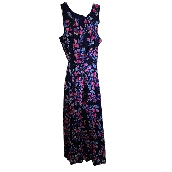 R&K Pink Blue Green Floral on Black Sleeveless Tie Waist Maxi Dress Size 16 - Picture 1 of 5